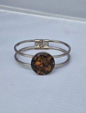 Tigers eye and tiger lily resin clamper bracelet silver tone